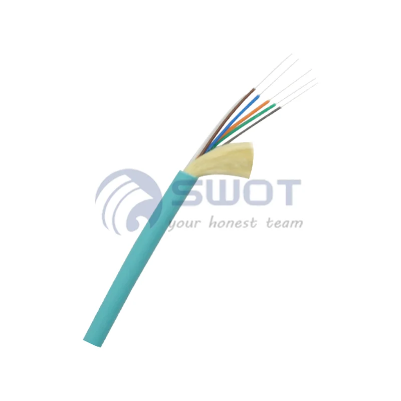 China manufacturer blue sheath aramid yarn tensile strength tight buffered indoor multimode OM3 fiber optic cable GJFJV