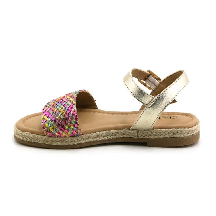 Золотые с красочным плетеным ремешком, Детские дизайнерские новые модные детские сандалии-Эспадрильи на плоской подошве