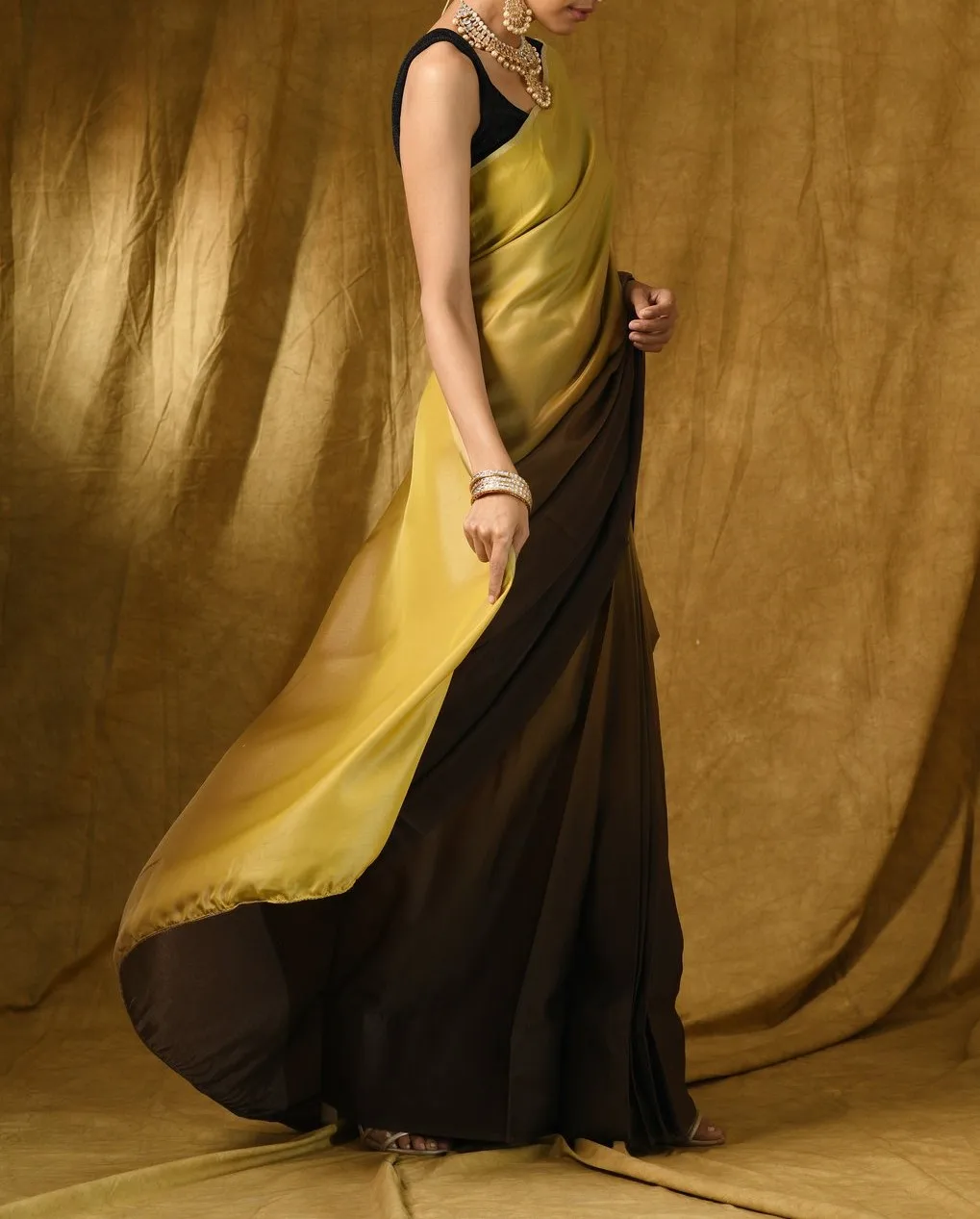 Best Traditional Thread Ethnic Handmade Gold And Brown Satin Ombre Saree Multi colour threads in warp luxurious feel and drape