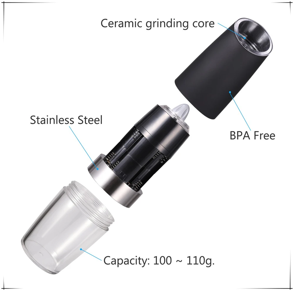 Лидер продаж на Amazon, гравитационная электрическая мельница для соли и перца, автоматическая мельница для перца и соли с регулируемым керамическим ротором