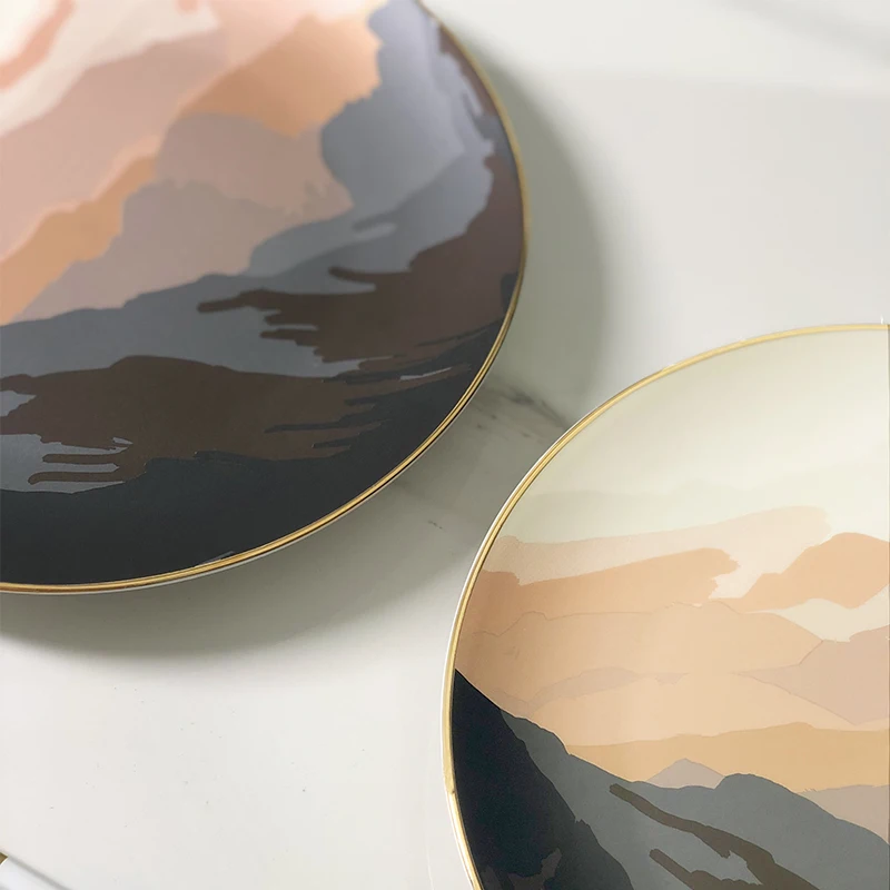 Luxury restaurant stoneware ceramic plates dishes 8inch gold rim mate porcelain dish