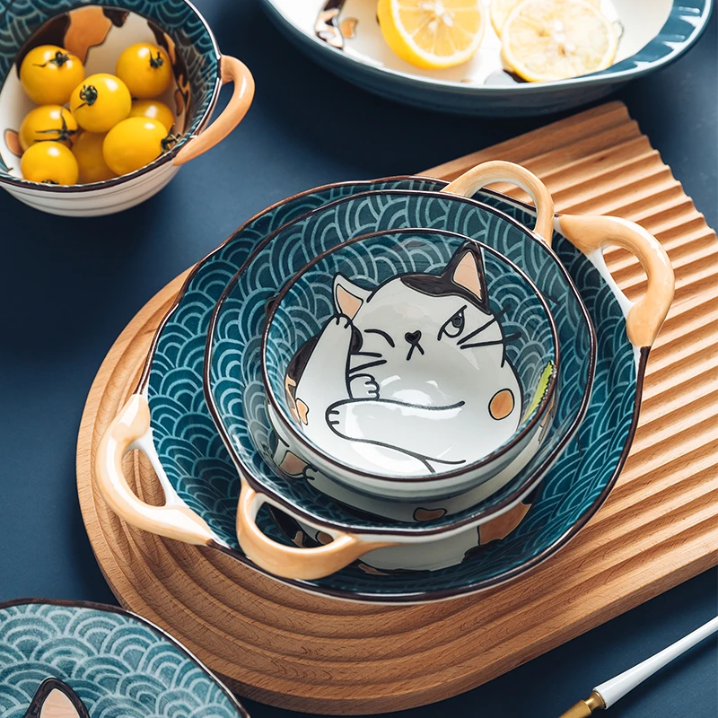 Jade-cer Cartoon Cat Japanese Design Dinnerware Set Dishes & Plates Porcelain Plates Ceramic Baby Bowl Soup Bowl