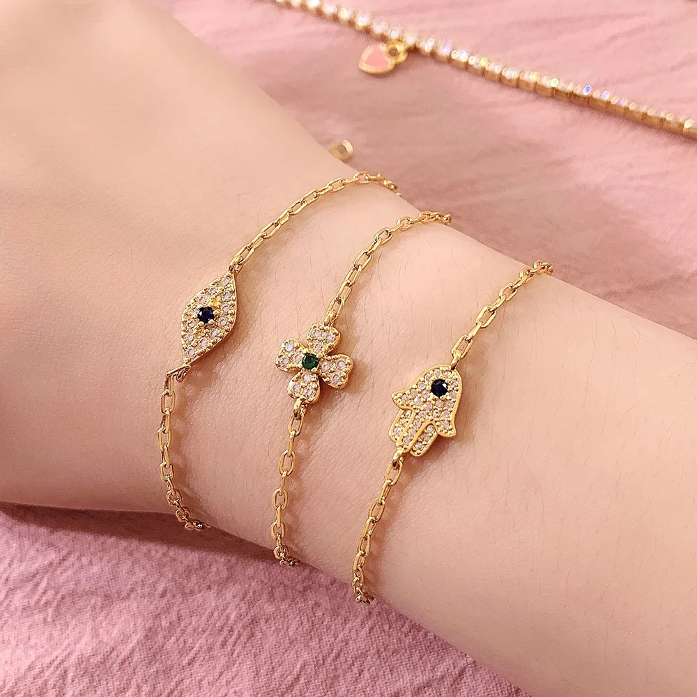 Thin Chain 18K Gold Plated Jewelry Four Leaf Clover Turkish Evil Eye Hamsa Hand Charm Bracelets