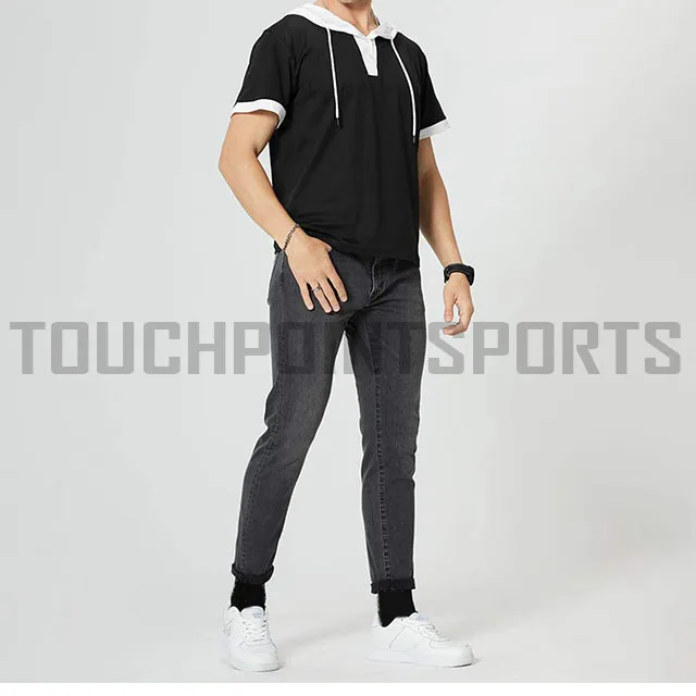 OEM custom mens half zip brown short sleeves sport running summer hoodie with fixed hood