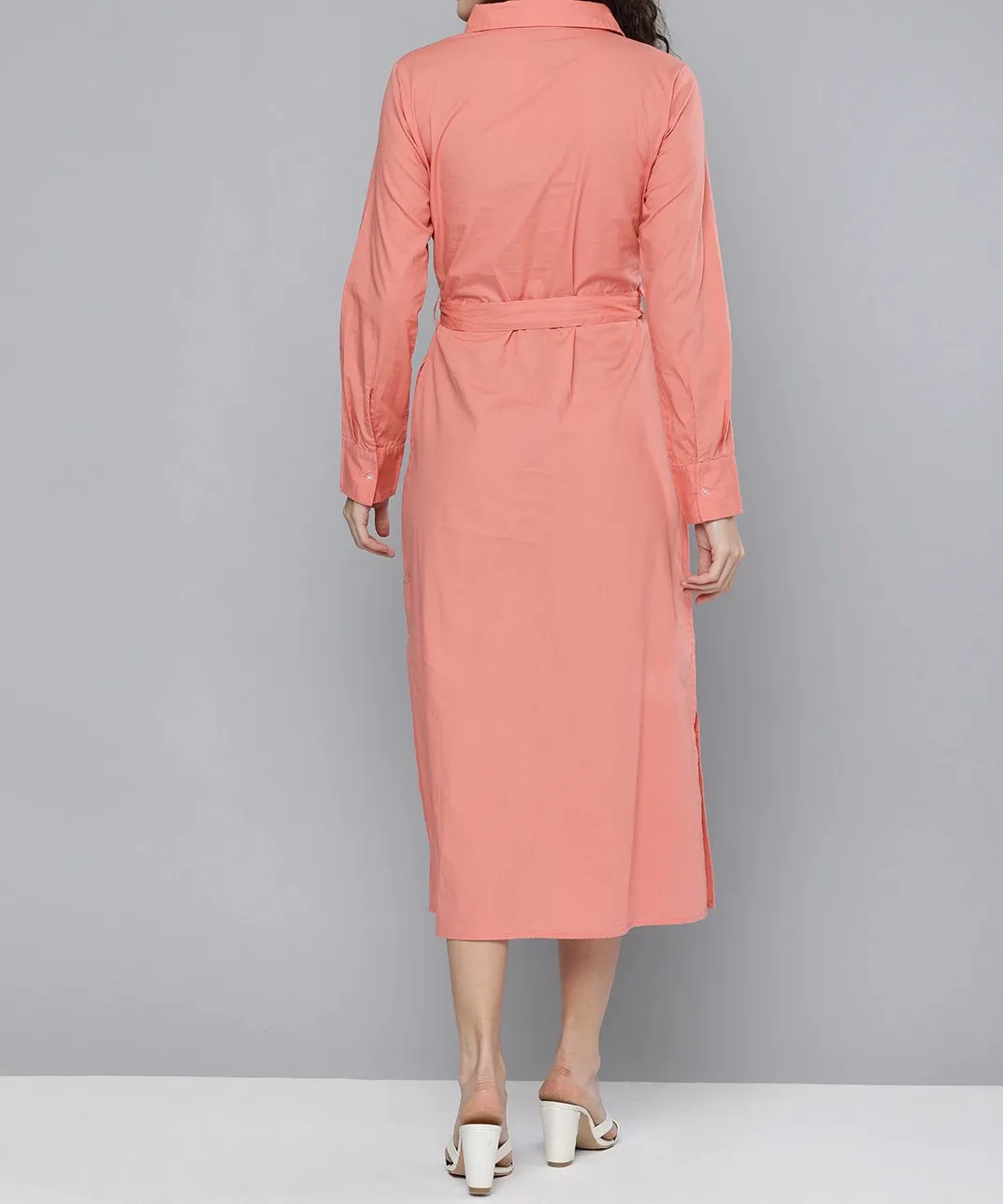 Confident Look By Wearing in Parties Festivals Women Peach-Colored Solid Shirt One Piece cotton dress shirt collar long sleeves