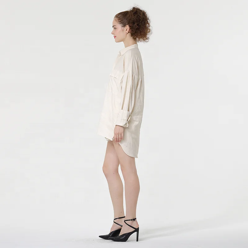 2021 Korea Spring Large Size Loose Dress Casual Ladies Cotton Linen Long Sleeve Dress Shirt Women