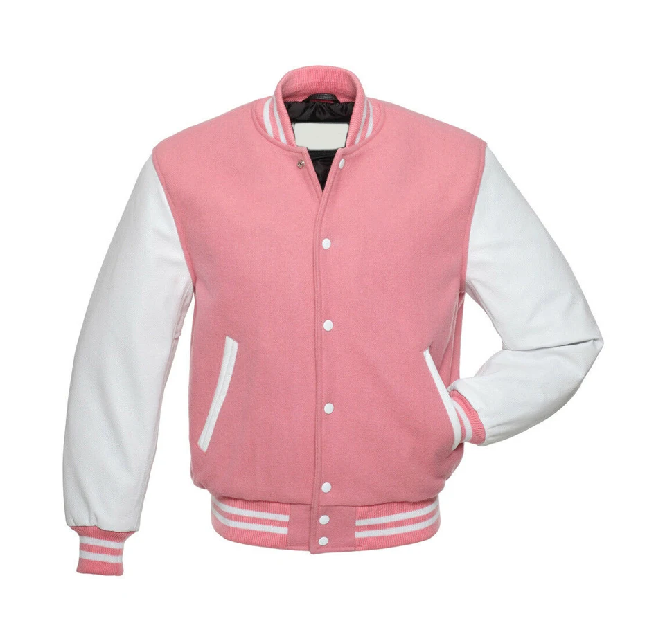 Профессиональное качество, лучший производитель, новая модная куртка Varsity в розовом шерстяном корпусе и белых кожаных рукавах