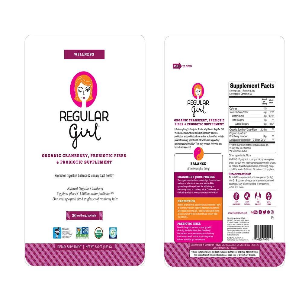 Regular Girl Wellness Prebiotic Soluble Fiber Sun fiber and Probiotics Bifidobacterium Lactis Organic Powder