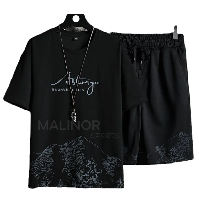 Hot Sale Summer Men Tracksuit Set Polyester T-shirt and Shorts Fashion Two Piece  Men Casual Outfit Set Short Sleeve Tracksuit