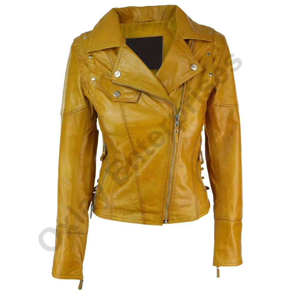 
Latest Design Ladies Leather Jacket Biker Style Tops ZIpped Real Leather Jacket 
