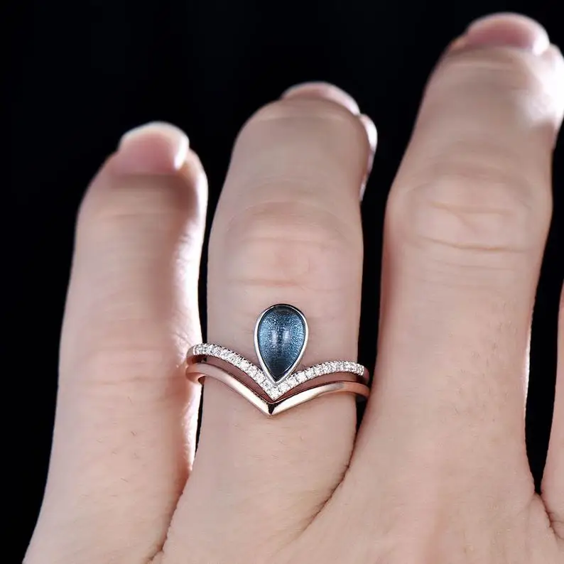 London Blue Topaz Engagement Ring Unique Wedding Ring Set November Birthstone Wedding Band 925 Sterling Silver Hand made Jewelry