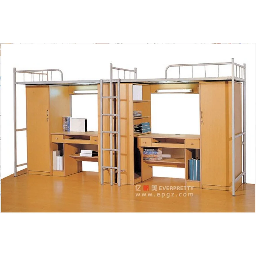 School Dormitory Furniture Metal Duty Double Frame Bunk Bed with Wooden Cabinet and Study Table