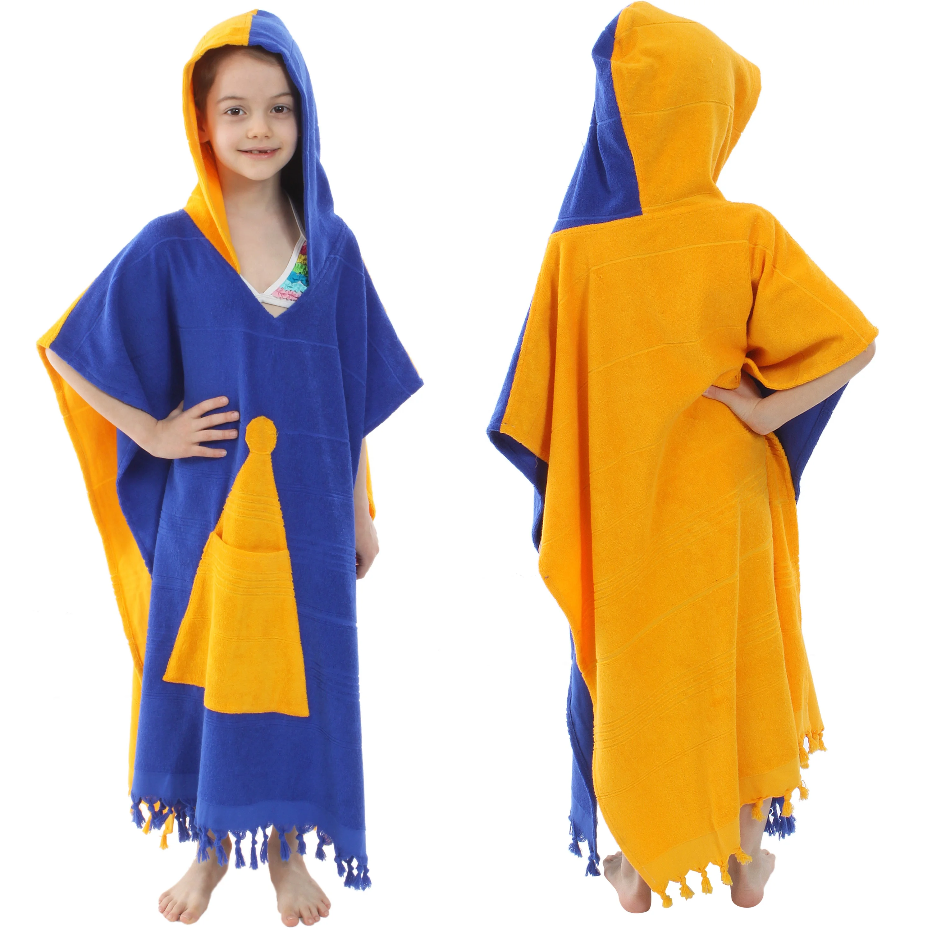 Cute Design High-Quality Turkish Luxury Bathrobe Poncho for Kids With Tassels Two-Colored Pocket Children %100 C