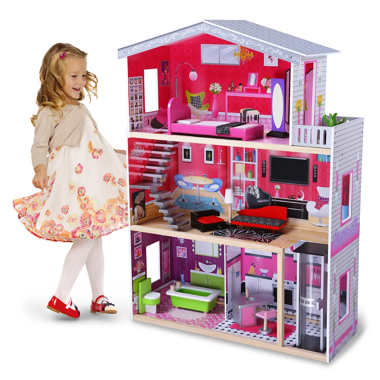 New arrive big size educational children pretend toy Montessori Wooden Dollhouse Toys Wood Doll barbie house for girl toys