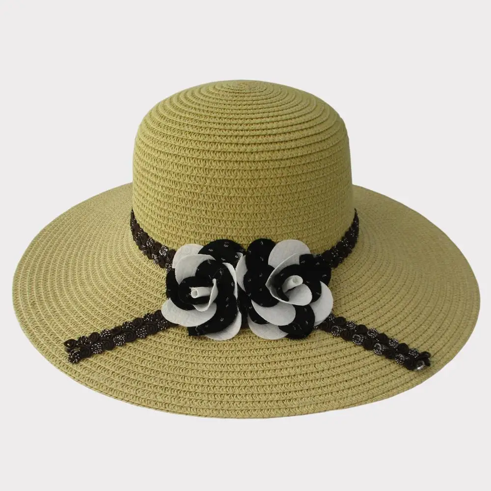 High quality Raffia seaside holiday summer sunshade crocheted packable raffia straw hat with lace band, sun hat handicraft