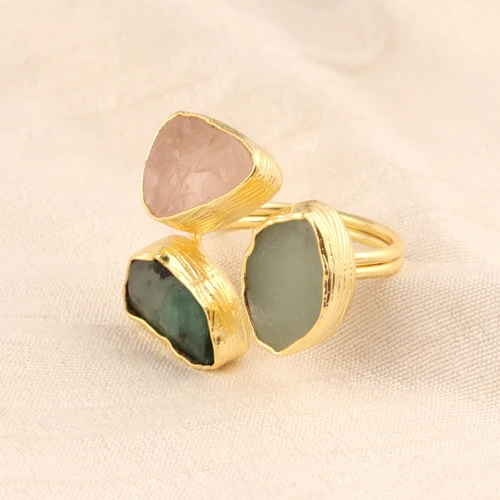 Handmade jewelry real raw aquamarine rose quartz & emerald ring texture finish gold plated three birthstone adjustable ring gift
