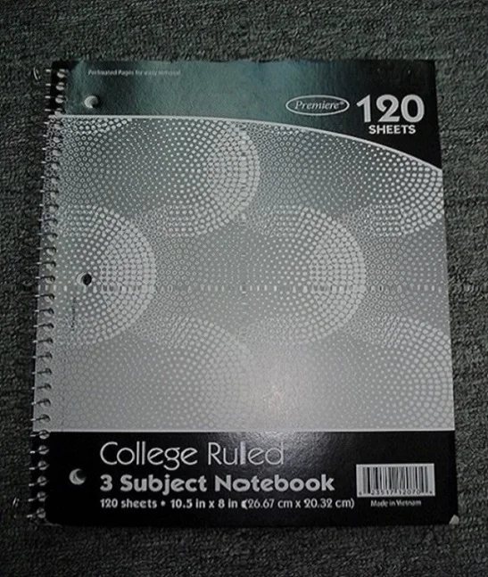 Three Subject Notebooks 120 pages Spiral Binding with three hole punch and microperforation