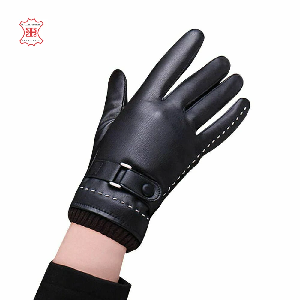 Women Winter Gloves Warm Leather Solid Thermal Black Buckles Smart Touch Fashion Leather Gloves