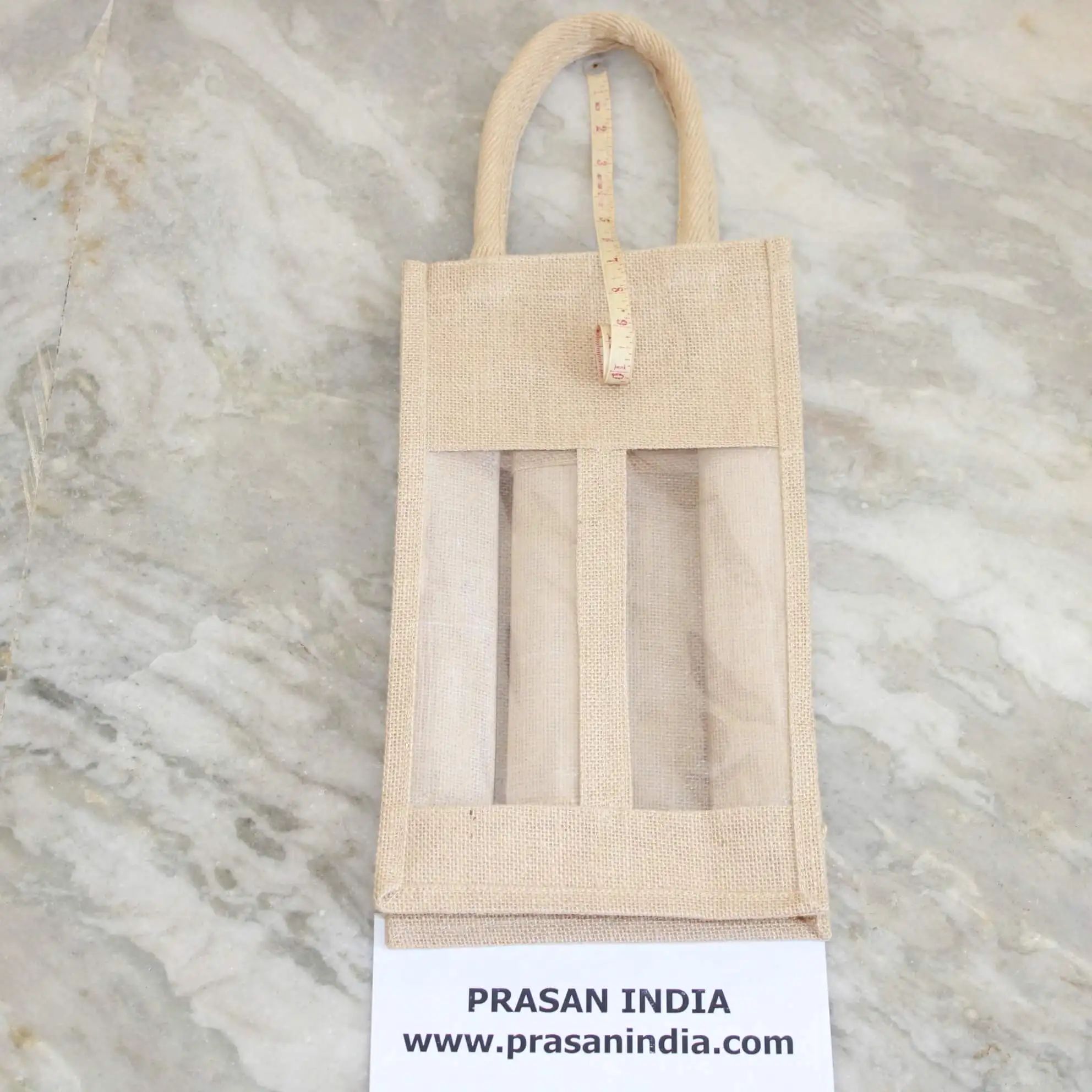 Two Bottle Wine Bag with front Transparent window main material used to construct the bag is JUTE