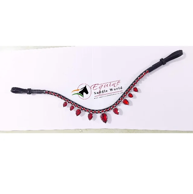 
EXPORT QUALITY HORSE BROW BAND WITH RED HANGING CRYSTALS LUXURY EQUESTRIAN WITH BACK OPEN STICKY TAPE AT LOOP. 