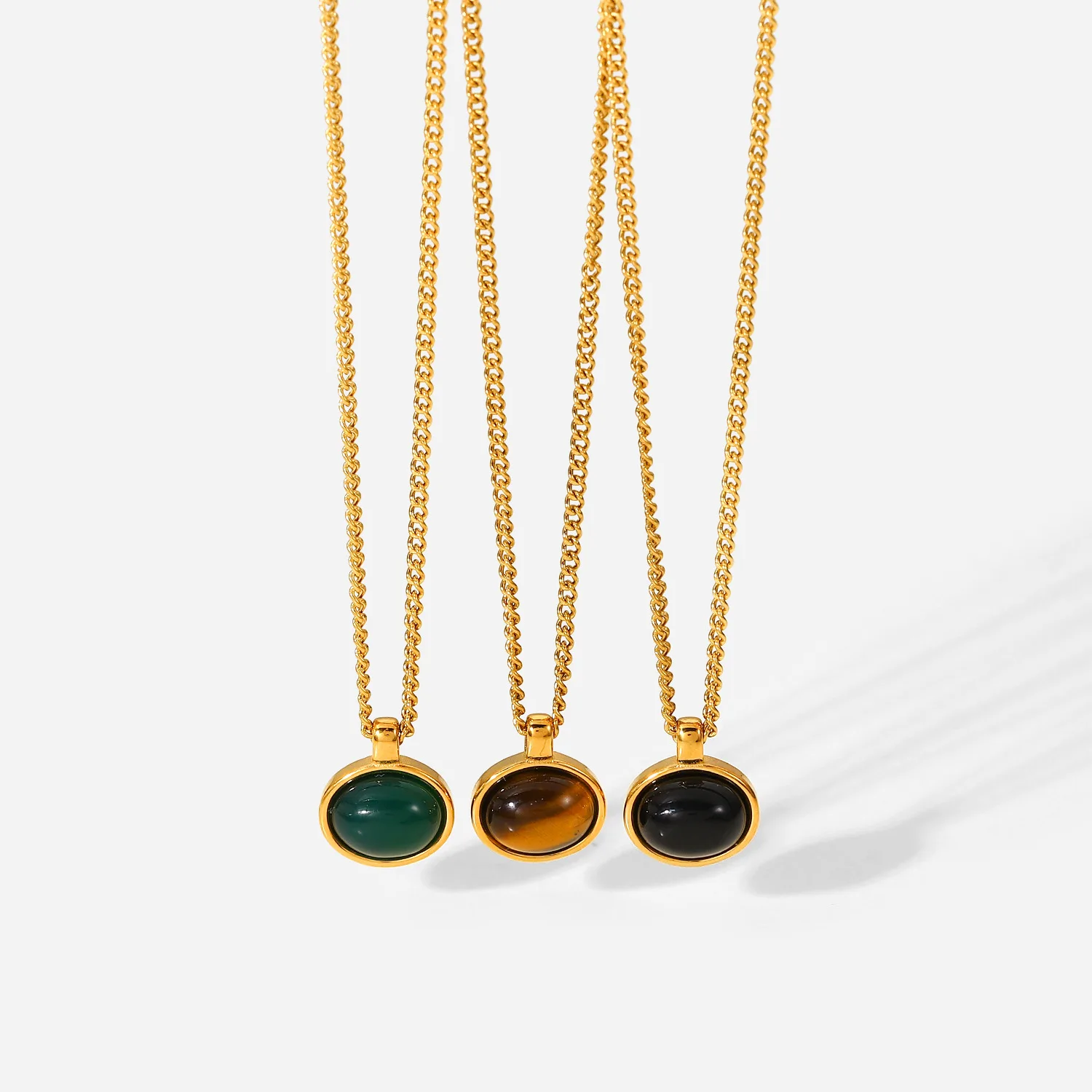 Fashion Oval Natural Tiger Eyes Gemstone Pendant Necklace Women 18K Gold Plated Stainless Steel Chain Necklace