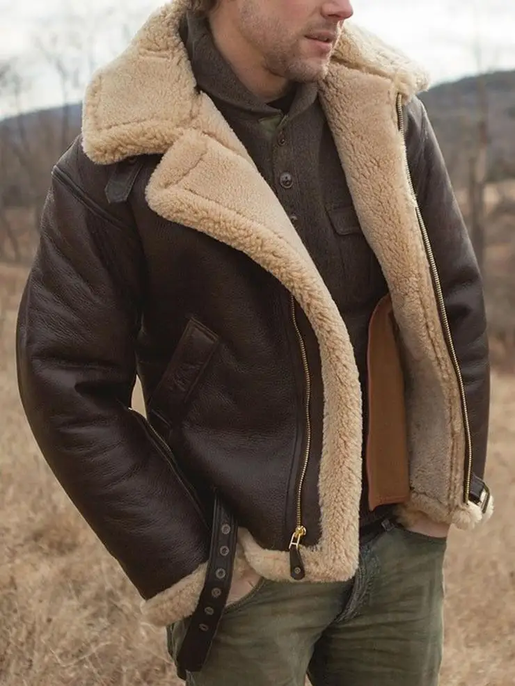 sheepskin shearling slip pockets designer faux fur wool coat fleece jacket for mens