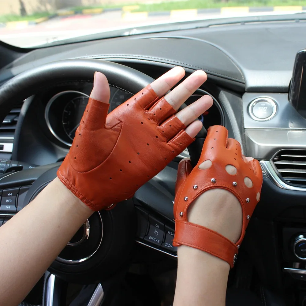 New Half Finger Women Leather Gloves Spring And Summer Thin Goatskin Short Sports Riding Driver Color Gloves