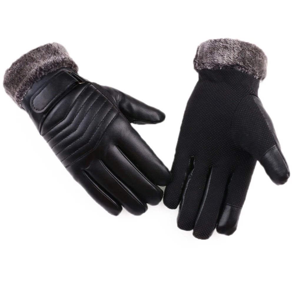 Men Black Fashion Touchscreen Typing Phone Holding Leather Gloves Standard Size Button Closure Mittens Motorcycle Safety Gloves