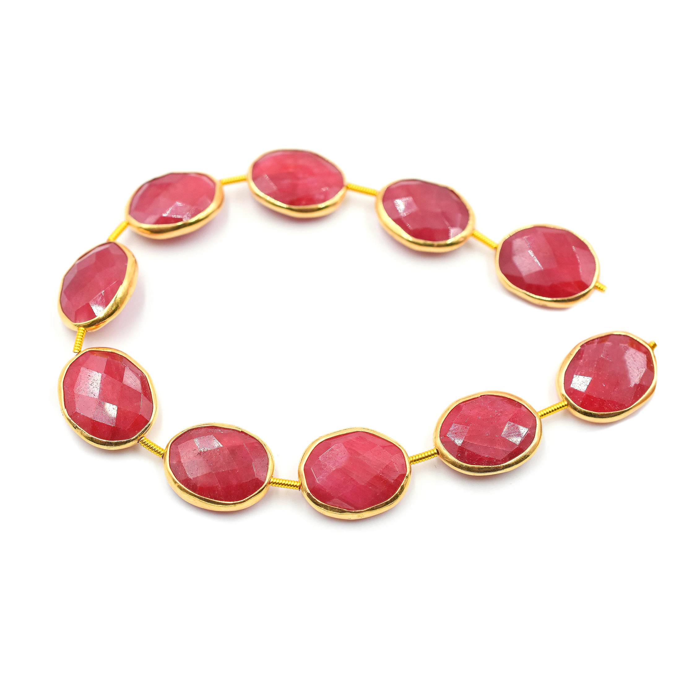 Ruby Oval Shape Silver Bezel Gold Plated Top Straight Drilled 10 Beads Strand