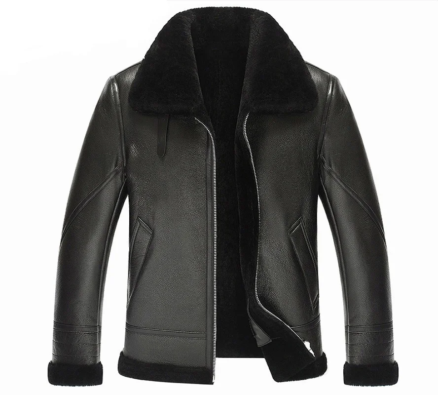 Men Fashion Shearling Flying Bomber Casual Jacket Aviator B3 Style Sheepskin Leather Biker Warm Filling Jacket OEM