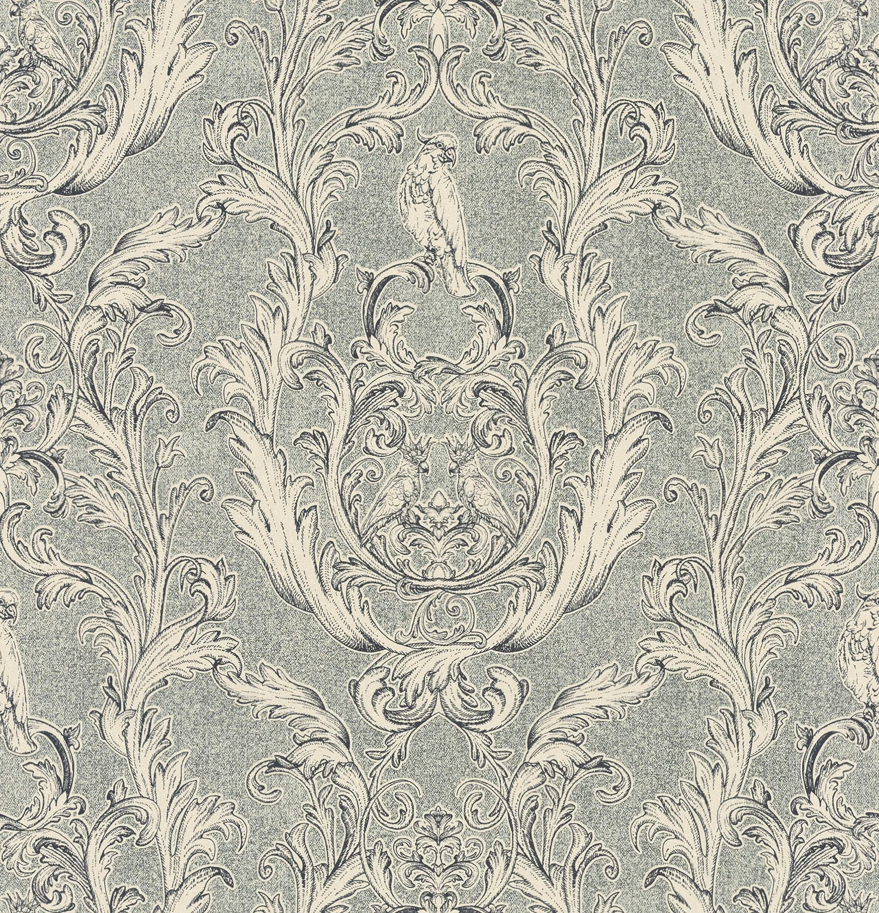 A chic wallpaper designed with a parrot nestled in a damask pattern.