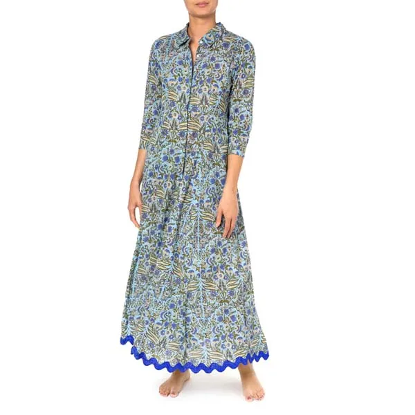 Strong Retro Vibe Fresh New Botanical Blooms Ladies Shirt Dress Beautiful Women Soft Vivid Cornflower Print Blue Elegant Dress