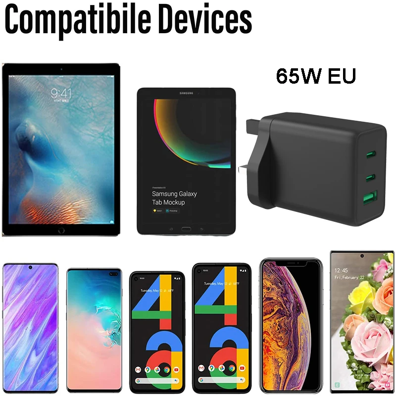 65W Fast Qc 3.0 Pd 3.0 usb type-c wall UK Plug  3 Ports port high power Charger Adapter  for Cell phone Tablet