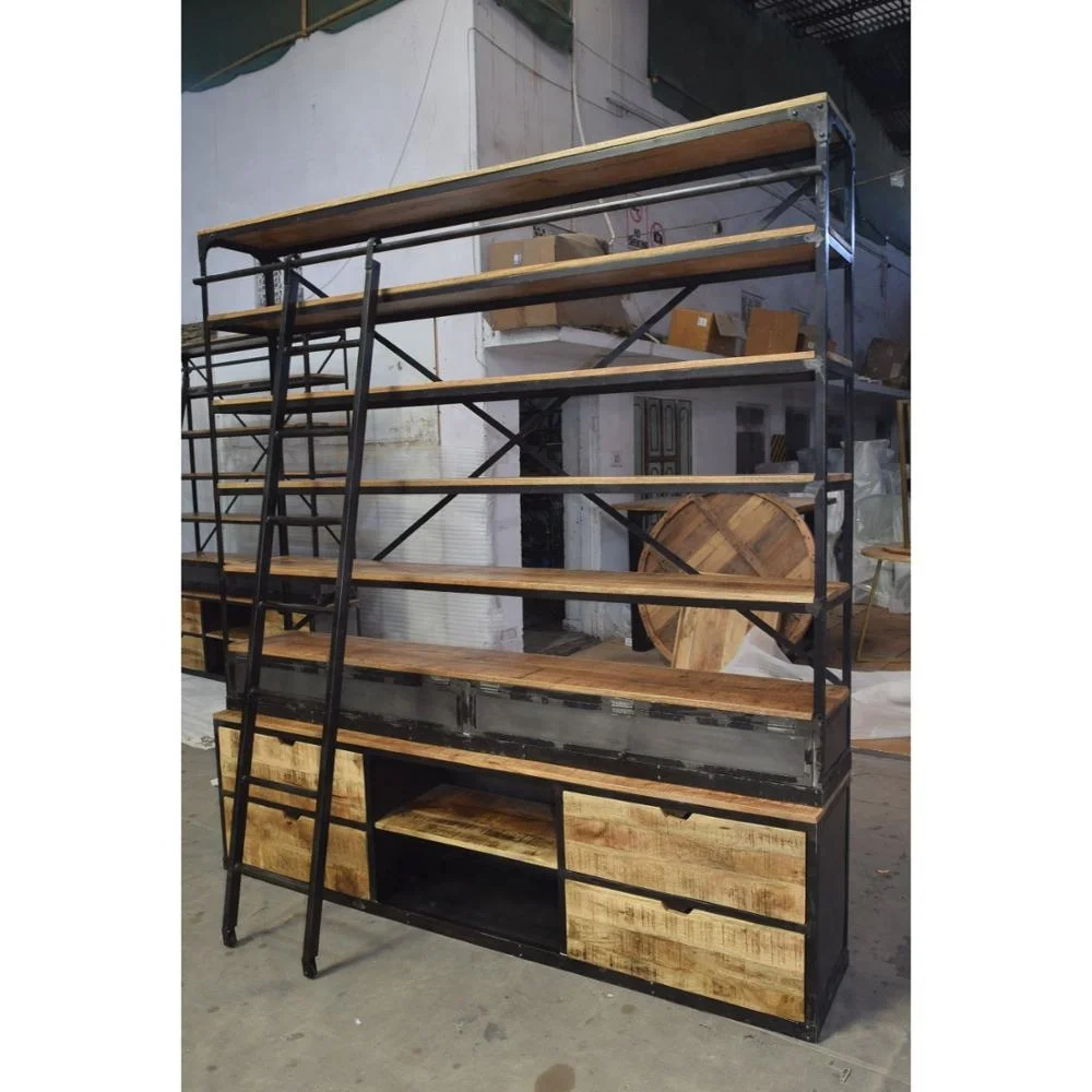 Industrial Antique American Tall Wide Iron Wooden Display Library School Collage Home Living Room BookShelf