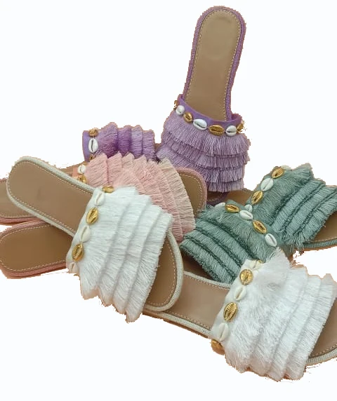 Fashionable Handmade Sky Blue Color Fringe Leather Sandals Women Flip Flop Footwear Female Party Wear Slippers