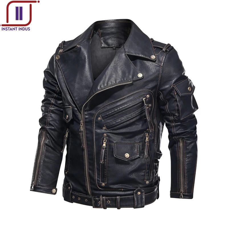 Winter Mens Leather Jacket Men Fashion Motorcycle PU Leather Jacket Cool Zipper Pockets Leather Coats EU Size OEM