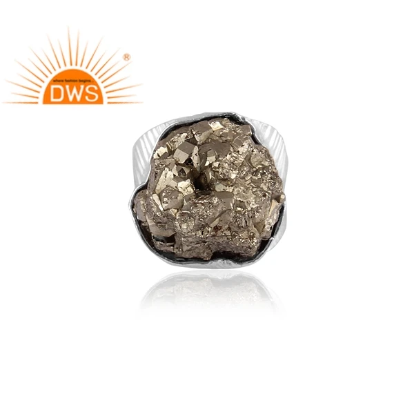 New Arrival 925 Sterling Fine Silver Statement Ring Jewelry Supplier Raw Pyrite Natural Gemstone Ring Jewelry