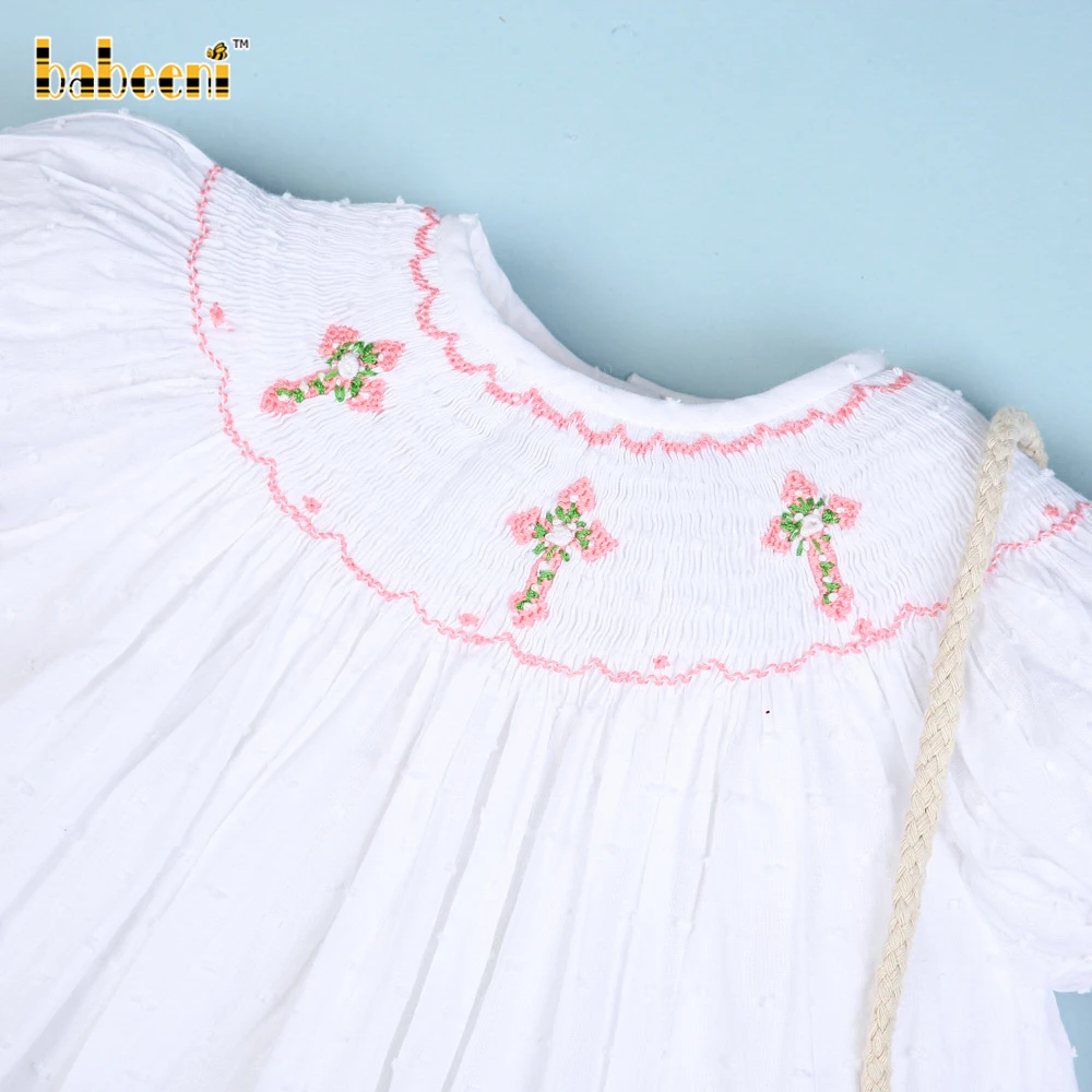 Белые Швейцарские платья Smock в горошек с крестом и цветами OEM ODM платье для малышей ручной работы вышивкой оптовая продажа от производителя BB1936