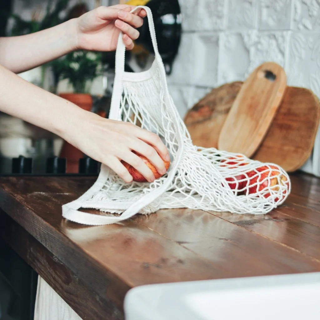 Tote Long Handle Eco-Friendly Reusable Multicolored Grocery Organic Cotton Mesh Shopping Bag for Fruit Women (30x40x40cm)