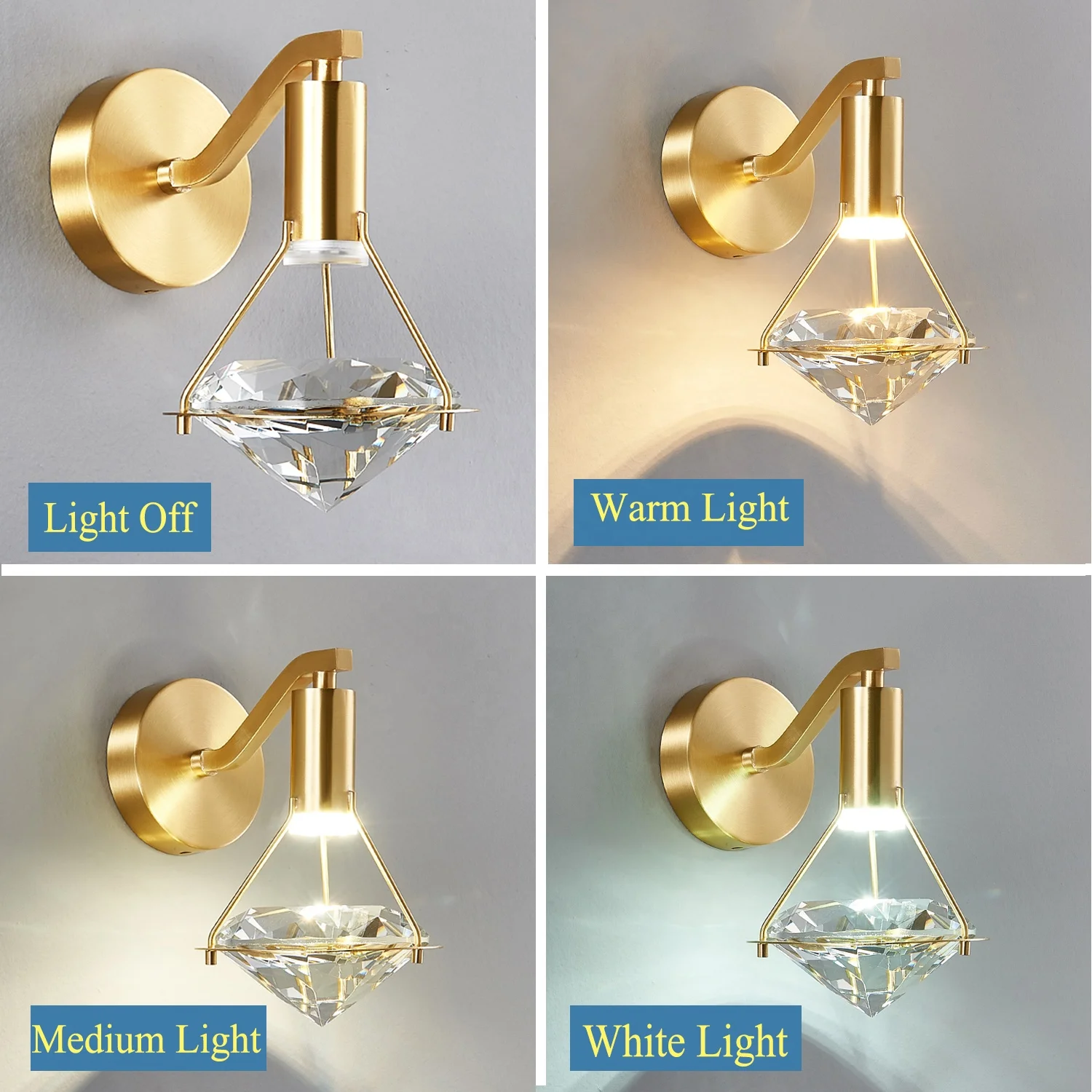  Crystal Wall Sconce Brushed Brass Lighting Fixture LED Dimmable K9 Lamp Beside Night Stand