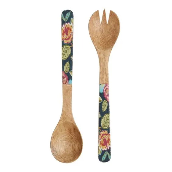 Wood and Enamel Salad Server Floral Enamel Handles Spoon and Fork S/2 Wooden Salad Server