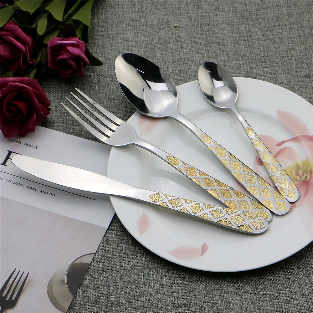 Popular Products in Russia 4pcs Stainless Steel Flatware Set Mirror Polishing Gold Cutlery Set