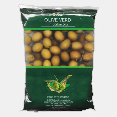 Premium quality Italian natural green olives in brine 500 gr plastic bag for horeca and supermarket for export