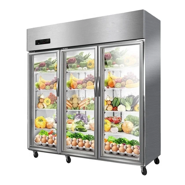 
 Полностью стеклянный статический охлаждающий трехдверный кухонный холодильник, охладитель для холодных напитков и цветов  