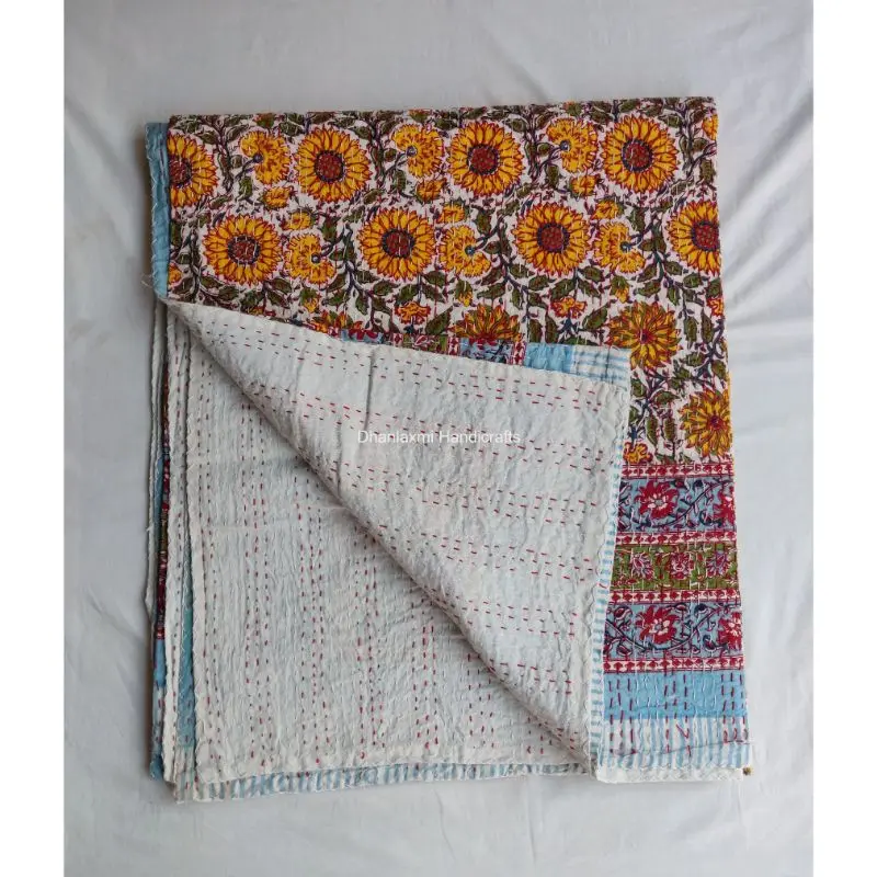 New Multi-Colour Indian Handmade Print Floral Cotton Kantha Quilt Beautiful Wholesale Kantha Bedspread