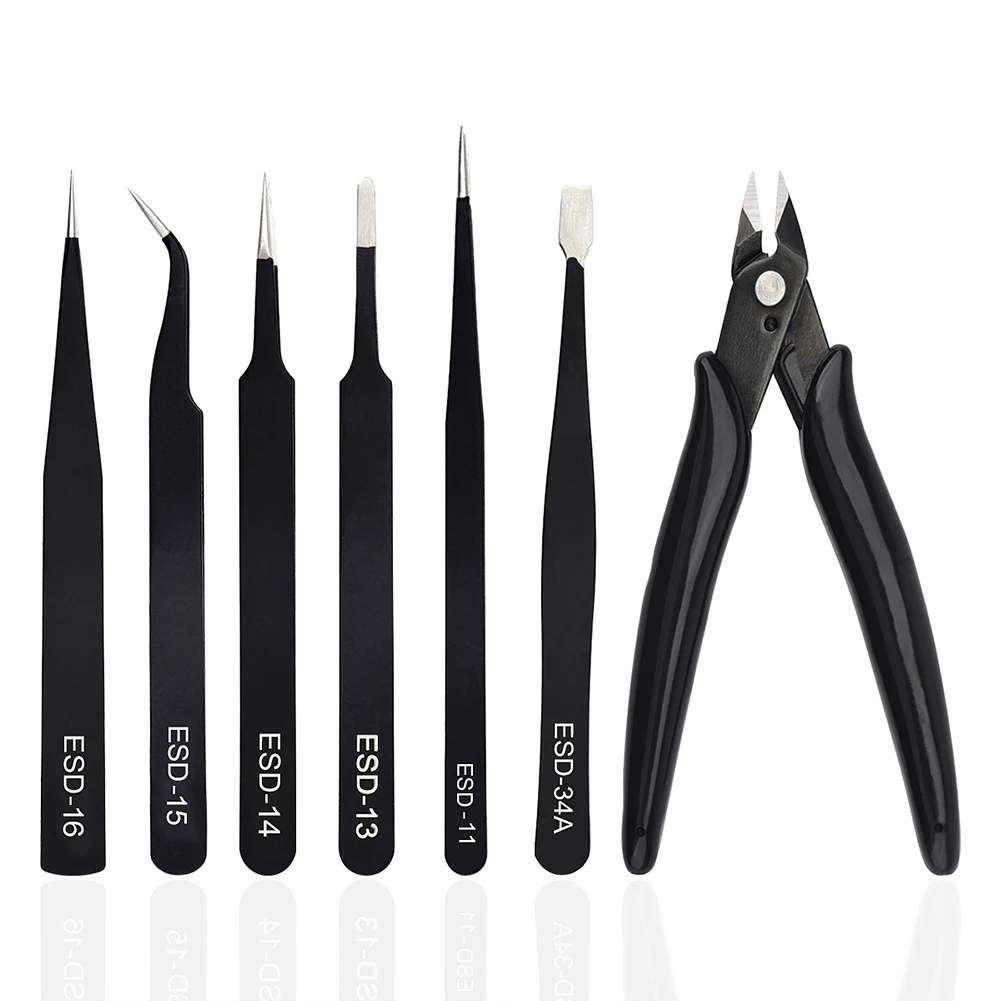 Stainless Steel Tweezers Set Precision Curved Straight Tweezers Anti-Static Industrial Repair Tools with Pliers