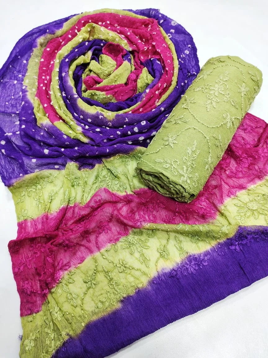 Pakistani Handmade Colour full Chunri Dupatta with Embroidered Kameez Unstitched 3 piece Suit in Premium Packaging