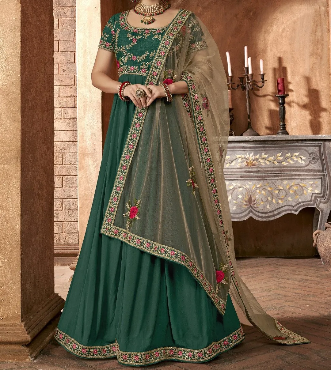 Embellished Bottle Green Georgette Semi Stitched Anarkali Suit Set Rich Material High-Quality Fabric Parties Festivals Functions
