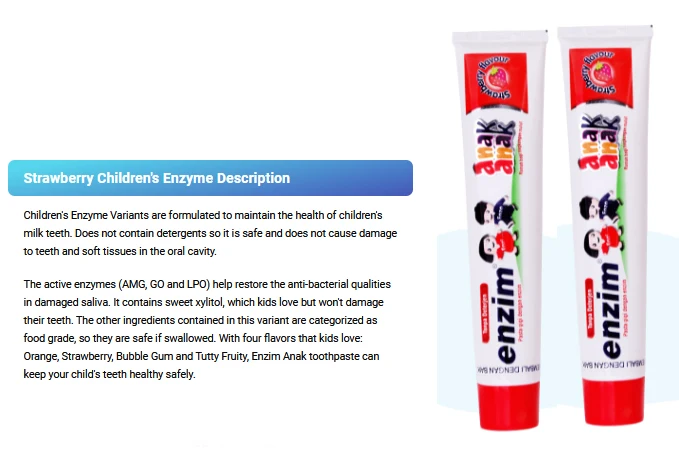
Enzim Kids toothpaste strawberry Flavor with active enzymes and without detergent, size 50 ml/ 62 gr, OEM Acceptable 
