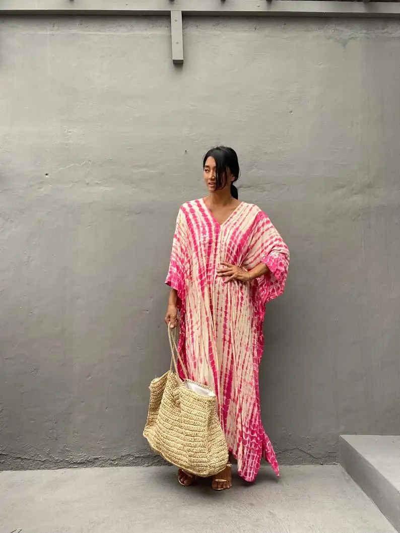2022 Summer Spring Tie Dye Kaftan V-Neck Pink Color Long Sleeve Summer Kaftan Beach cover Up Kaftan Maxi Dress